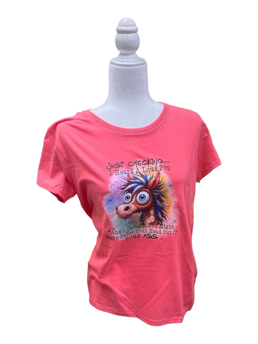 Gildan Pink Graphic Short Sleeve Tee with Colorful Cartoon Horse - custom made